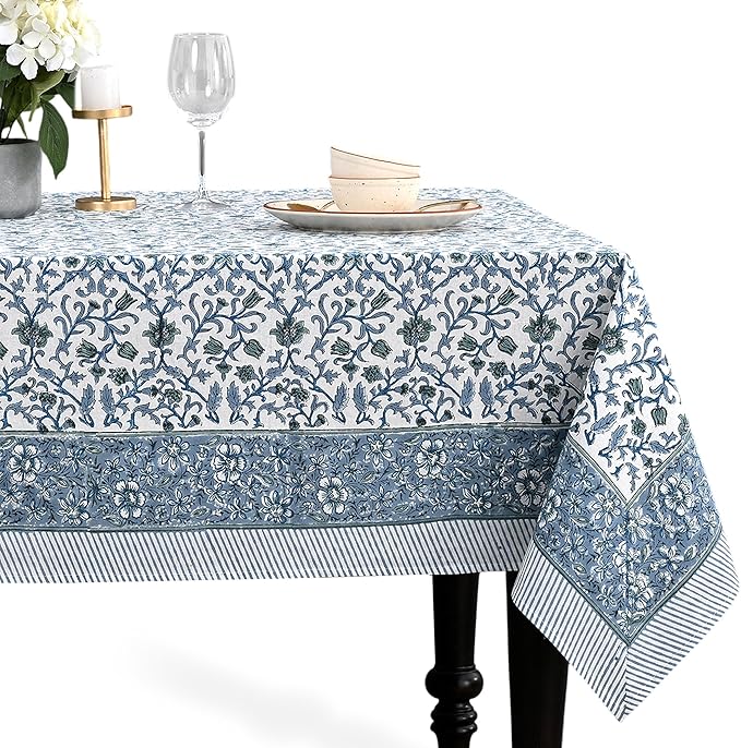 CPC Ocean Vine Tablecloth 100% Cotton 72x160 Inch Indian Block Print Rectangle by COTTONPRINTCLUB