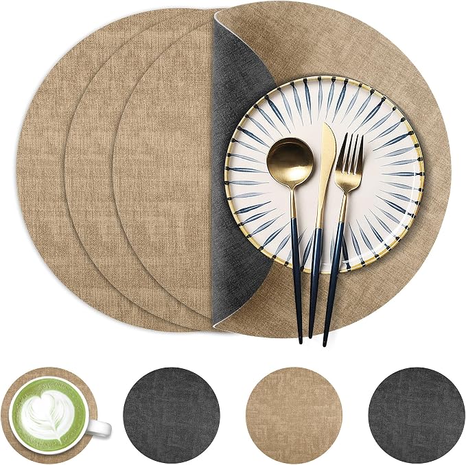 13-Inch Faux Leather Round Placemats Set of 4, Waterproof Anti-Slip Dual Sided by Fyvva