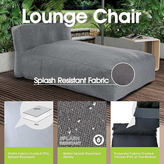 Bean Bag Lounger Chair, Oversized Olefin Patio Daybed, Charcoal Grey