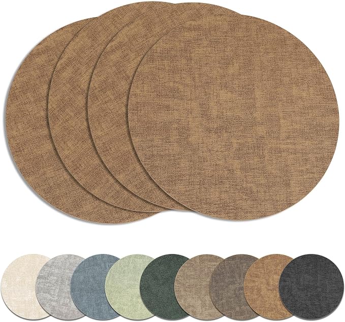 13" Round Placemats Set of 4, Reversible Faux Leather Heat Resistant Table Mats by NCUE