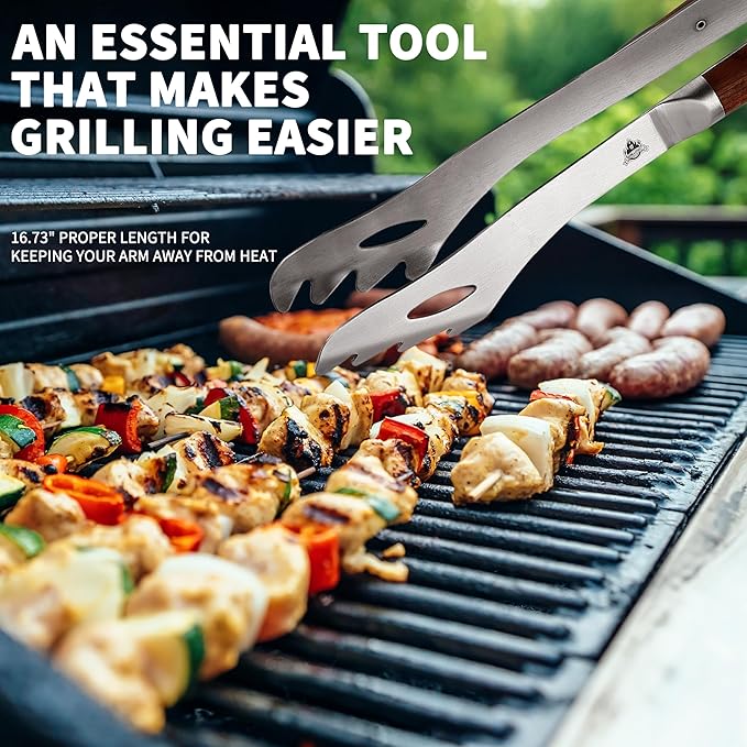 GRILLGEN Heavy Duty Rosewood Handle BBQ Grill Tongs, 16.73" Long Premium BBQ - Image 5