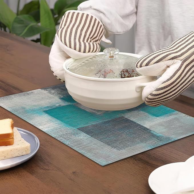 6 Pcs Placemats, Teal Gray Painting Placemat, Art Painting Table Mats Washable - Image 4