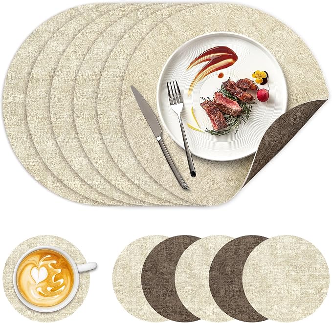 13" Round Placemats Set of 6, NCUE Dual-Sided Faux Leather Heat Resistant Table by NCUE
