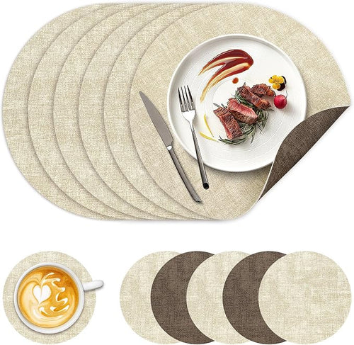 13" Round Placemats Set of 6, NCUE Dual-Sided Faux Leather Heat Resistant Table by NCUE