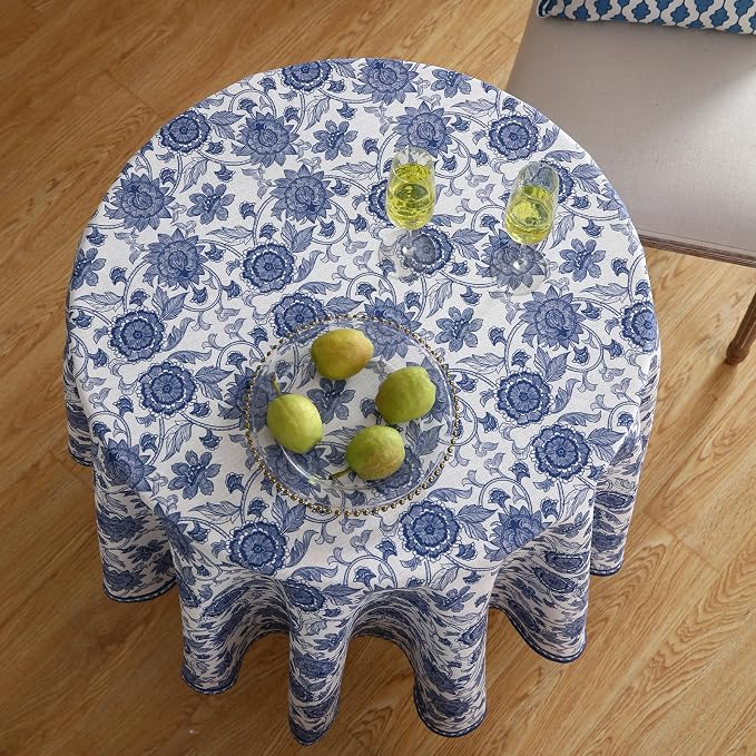 patdrea Designer Vintage French Round Table Cloth, Linen Durable Blue Paisley - Image 3