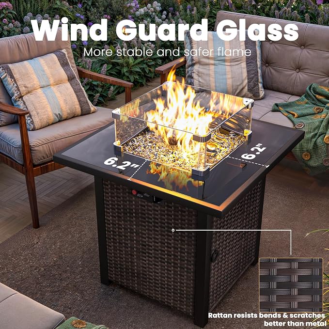 Propane Outdoor Fire Pit Table, Outdoor Gas FirePit W/Glass Wind Guard - Image 2