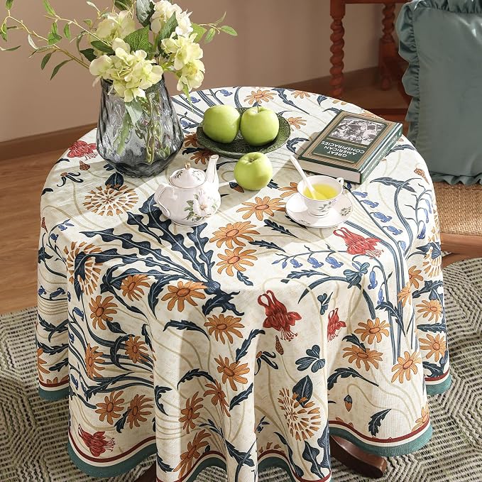 French Vintage Round Tablecloth, Linen Tablecloth - Image 3