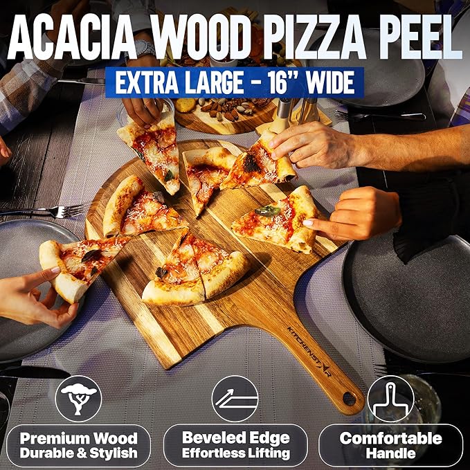 KitchenStar 16-inch Pizza Making Set, Acacia Wood Pizza Peel, Pizza Cutter - Image 5