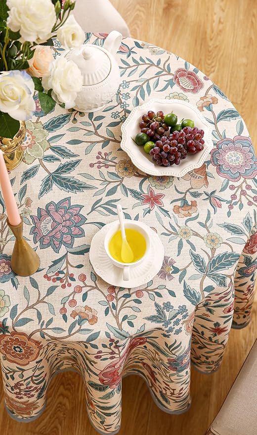 Designer Vintage Linen Round Tablecloth, French Rustic Floral Table Cloth - Image 9