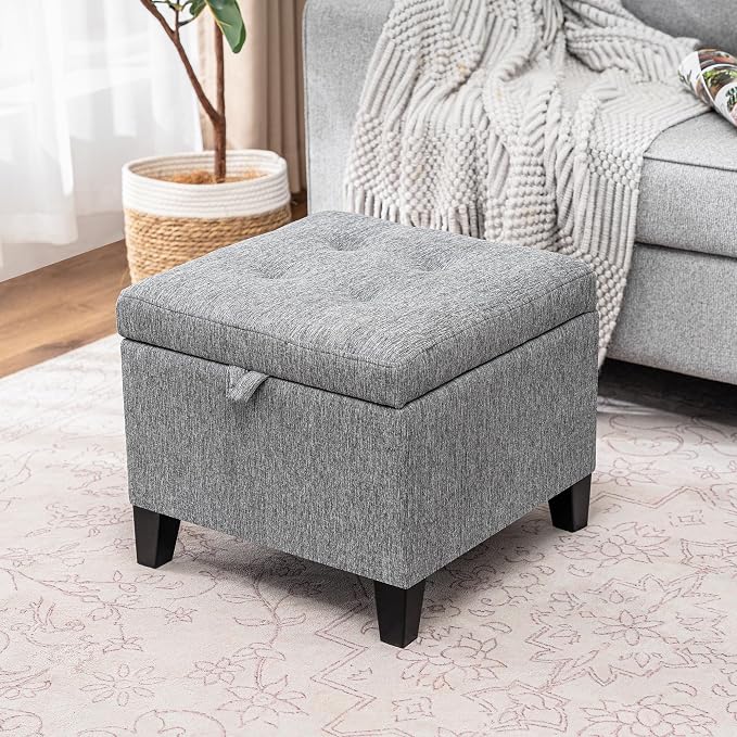 Adeco 17" Square Ottoman with Storage, Small Grey Storage Ottoman Foot Rest - Image 2