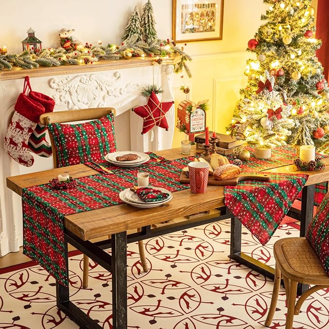 Green Red Plaid Snowflake Christmas Table Runner, Winter Holiday Table Runners - Image 6