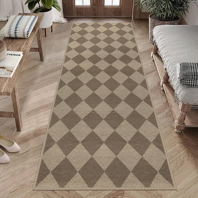 Easy Jute Checkered Runner Rug, 2.6x8 Brown Modern Washable Rugs Runner - Image 7