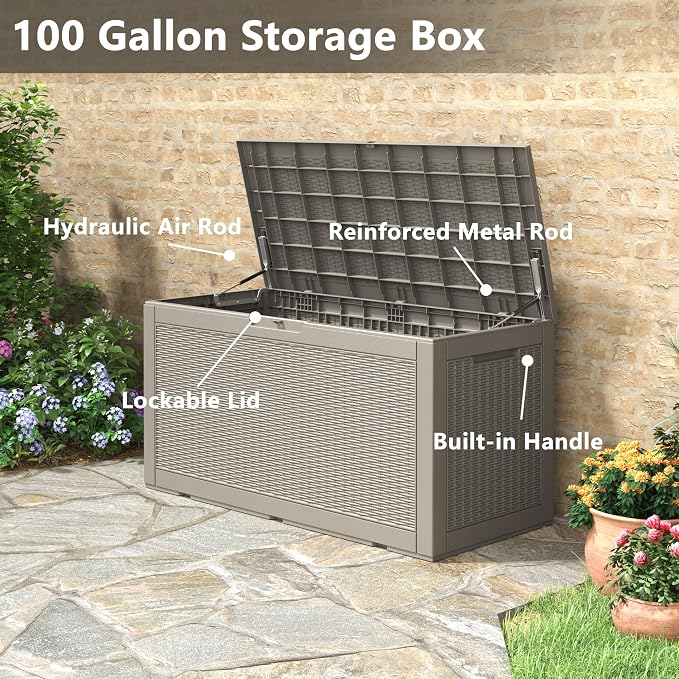 KAMABOKO 101 Gallon Waterproof Large Resin Deck Box, Lockable Large Outdoor - Image 4