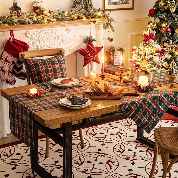 Green Red Plaid Christmas Table Runner, Winter Holiday Table Runners 36 inches - Image 5