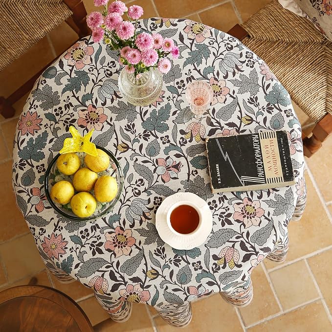 ISAENNE Designer Boho Floral Small Round Tablecloth, Linen Lotus Flower Pattern - Image 5