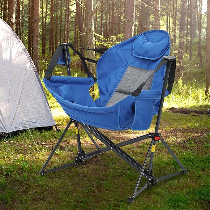 Camping Chair, Foldable Rocker with Memory Foam Cushion, 400 lb Capacity, Blue