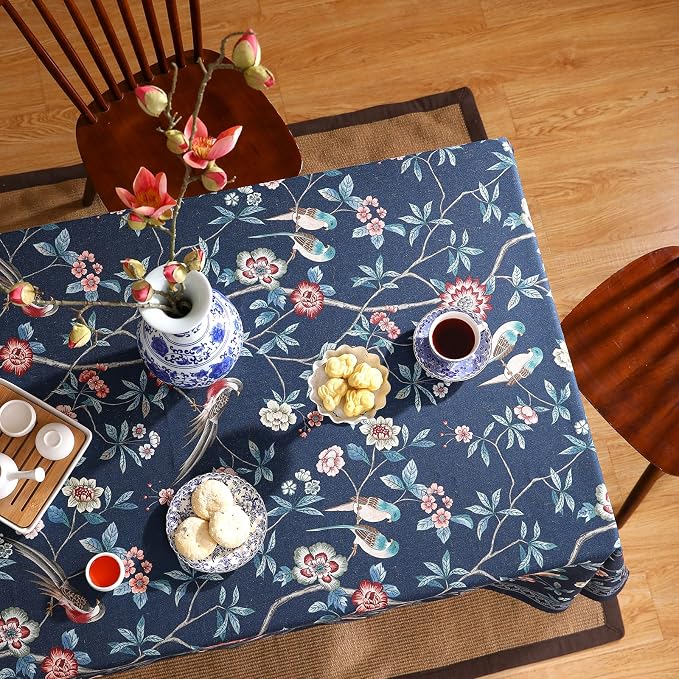 patdrea Designer Dark Blue Linen Rectangle Tablecloth, Vintage Navy French - Image 7