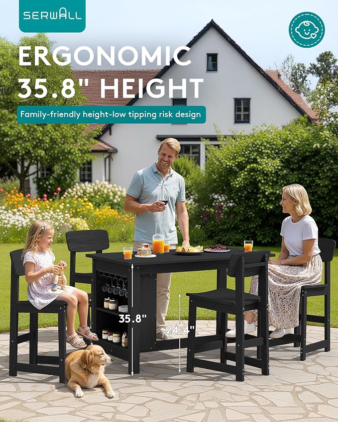 SERWALL Outdoor Bar Table and Chairs Set, 3-Piece HDPE Counter Height Patio - Image 3
