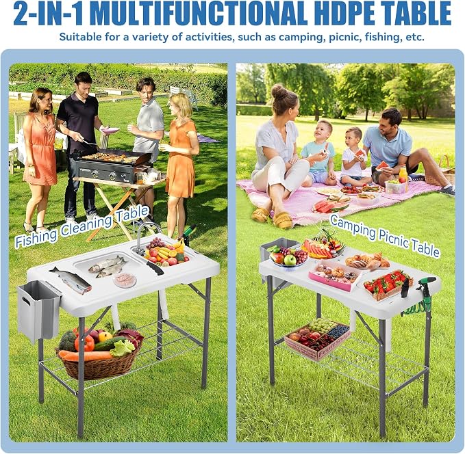 Folding Fish Cleaning Table Portable Camping Double Sinks Table w/2 Dual Water - Image 9