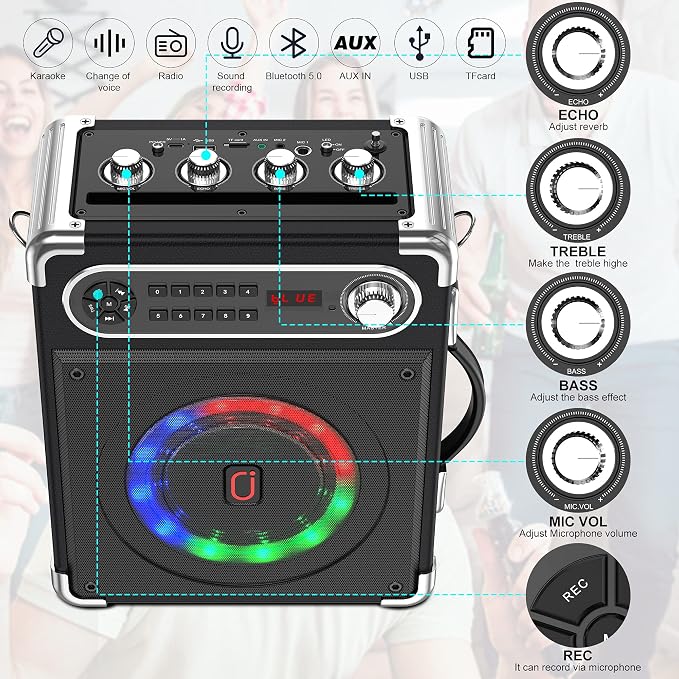 JYX Karaoke Machine with Two Wireless Microphones, Portable Bluetooth Speaker - Image 4