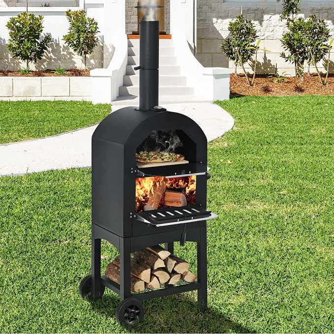 Happygrill Outdoor Pizza Oven Wood Fired, Portable Pizza Maker Grill w/Stone - Image 2
