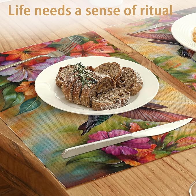 Hummingbird Placemats Set of 6, Colorful Flower Waterproof Non-Slip Washable - Image 2