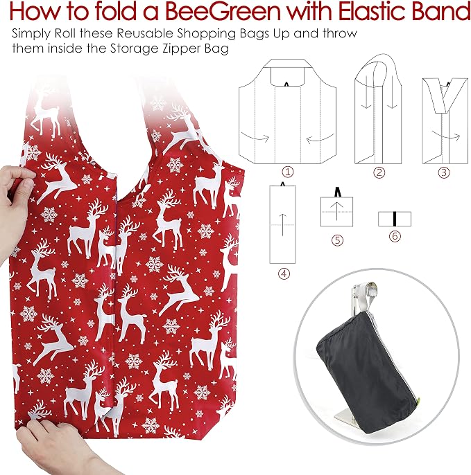 BeeGreen Christmas Reusable Grocery Bags 10 Pack Reusable Shopping Bags Bulk - Image 4