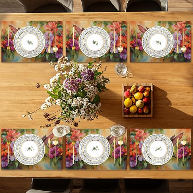 Hummingbird Placemats Set of 6, Colorful Flower Waterproof Non-Slip Washable - Image 7