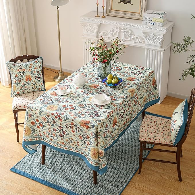 ISAENNE Designer Linen Elegant Small Rectangular Tablecloth, Colorful Floral - Image 9