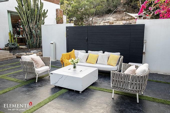 Elementi+ | Bianco Gas Fire Pit | Marble Porcelain & Metal Frame | 40" Square - Image 7