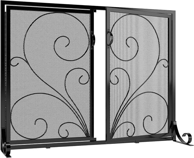 Flat Fireplace Screen with Doors, Solid Wrought Iron Frame with Metal Mesh - Image 9
