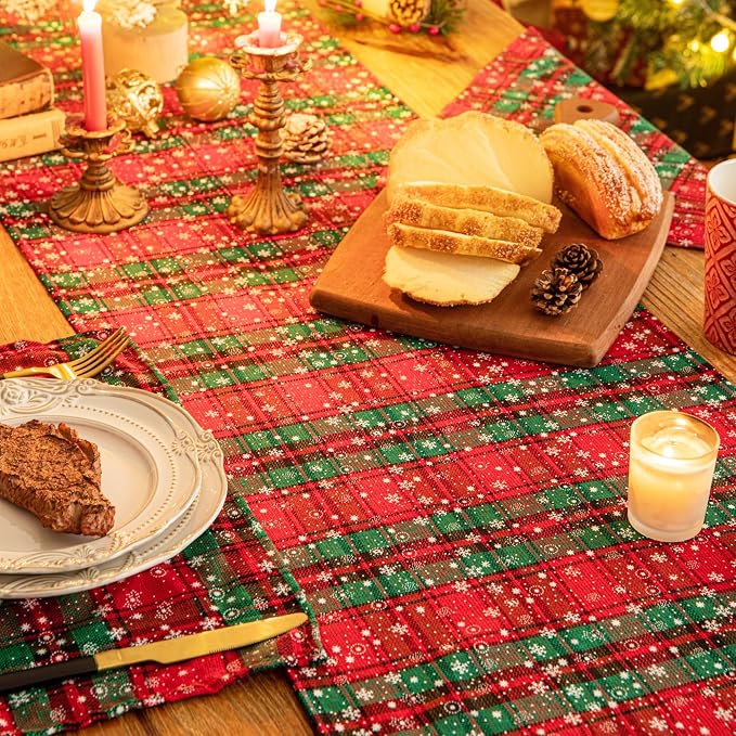 Green Red Plaid Snowflake Christmas Table Runner, Winter Holiday Table Runners - Image 7