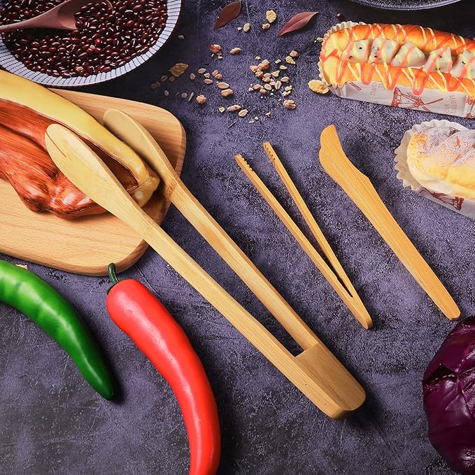 Tongs, 9 Piece Bamboo Set in Snack, Straight and Curved Styles