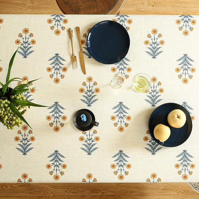 ISAENNE Designer French Pale Yellow Long Tablecloth Rectangle, Linen Floral - Image 8