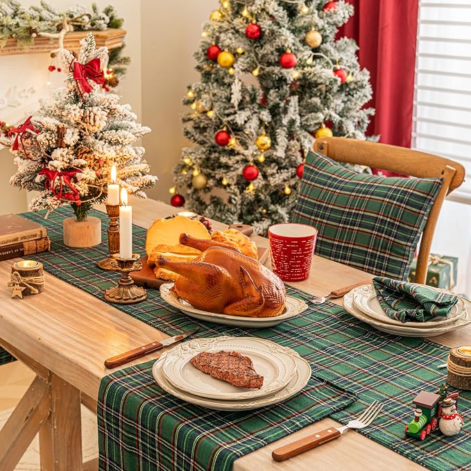 Green Blue Plaid Christmas Table Runner, Winter Holiday Table Runners 90 inches - Image 4