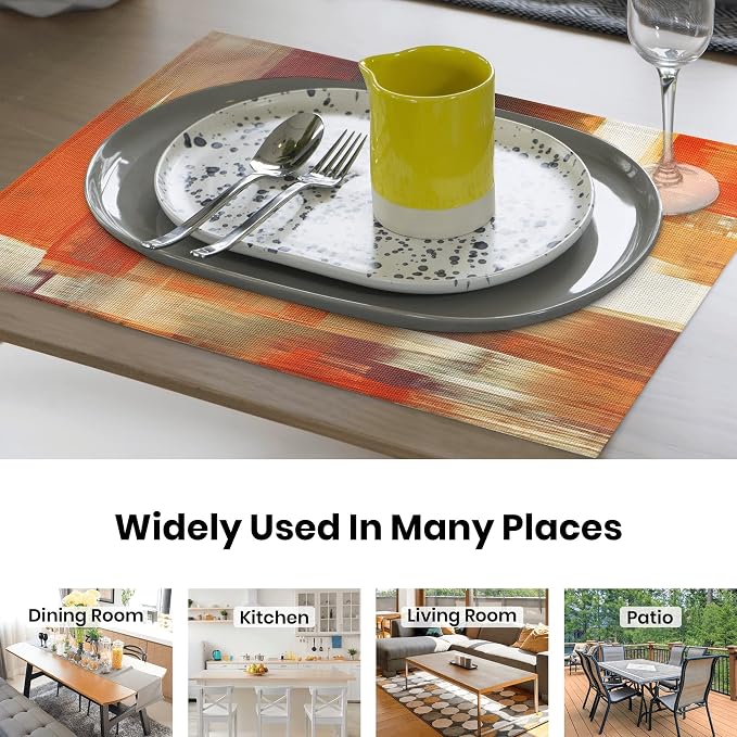 Modern Art Placemats Set of 4 Orange Abstract Painting Place Mats Washable - Image 5