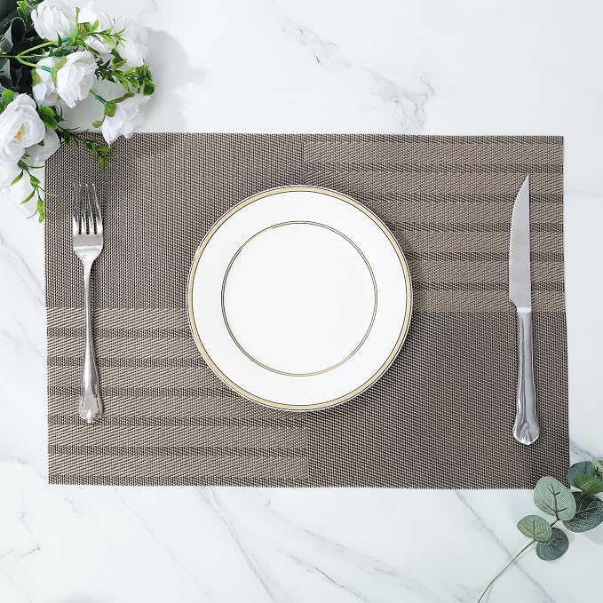 fanquare Vinyl Woven Placemats Set of 6 Classic Stylish Brown Patchwork Striped - Image 2