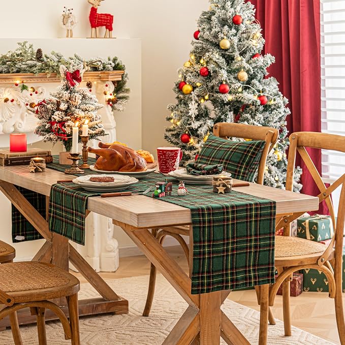 Green Yellow Plaid Christmas Table Runner, Winter Holiday Table Runners 72 - Image 3