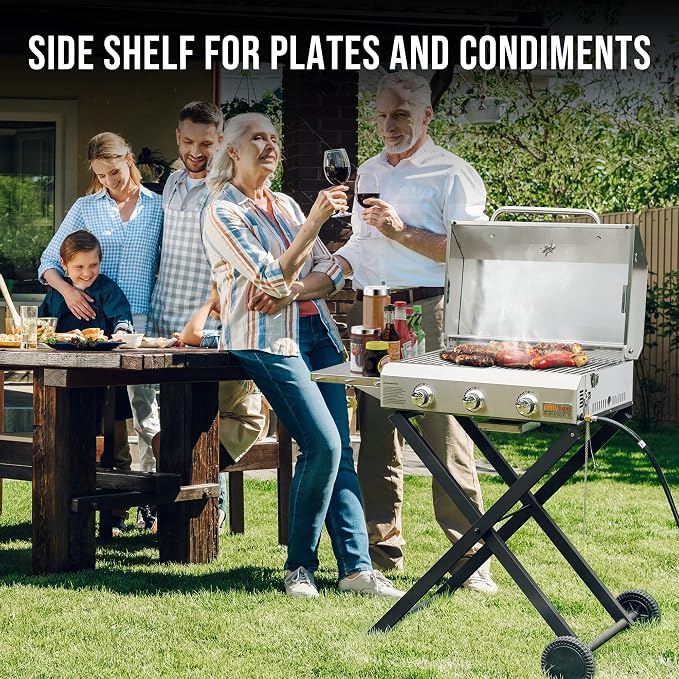 BBQ Gas Grill 3-Burner with Foldable Cart & Side Table, Portable Propane Grill - Image 8