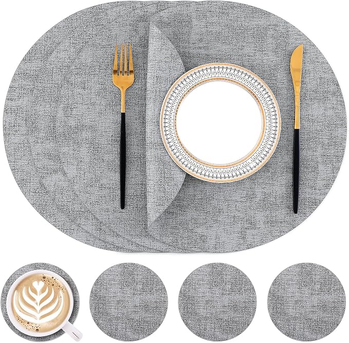 Homaxy Round Faux Leather Placemats and Coasters, Washable Dual-Side Table Mats by Homaxy