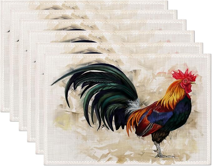 Hand-Painted Rooster Art Placemats Set of 6, Waterproof Non-Slip Washable Table by CIAIDU