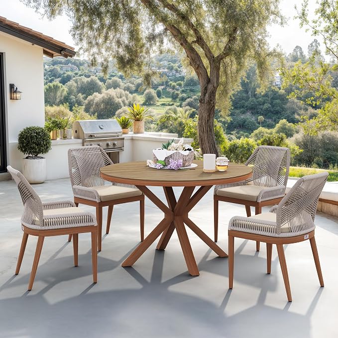 PURPLE LEAF 5 Pieces Round Dining Set Patio Aluminum Modern Oversize Round by PURPLELEAF