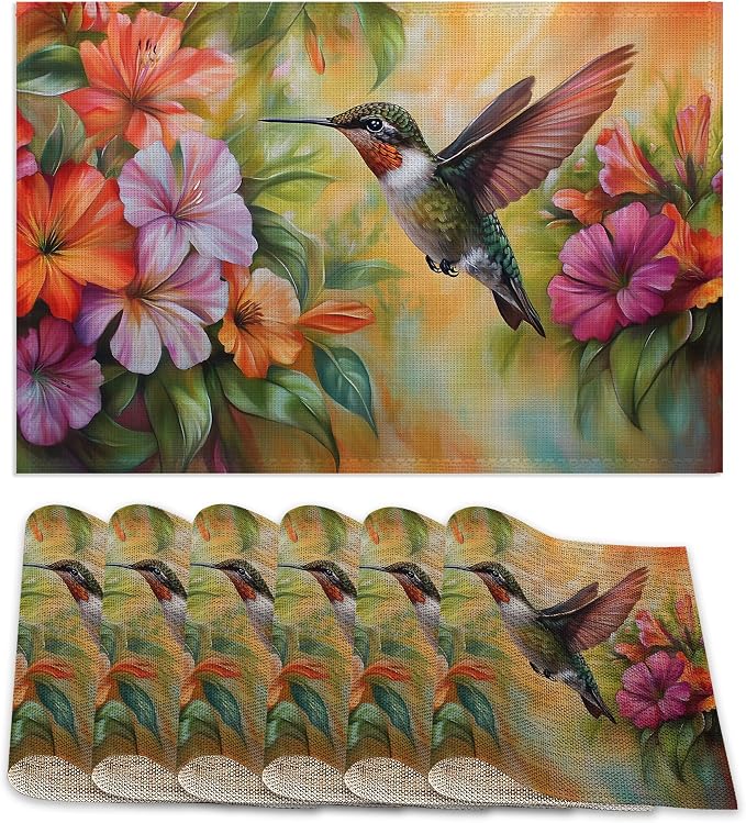 Hummingbird Placemats Set of 6, Colorful Flower Waterproof Non-Slip Washable by ZTHLL