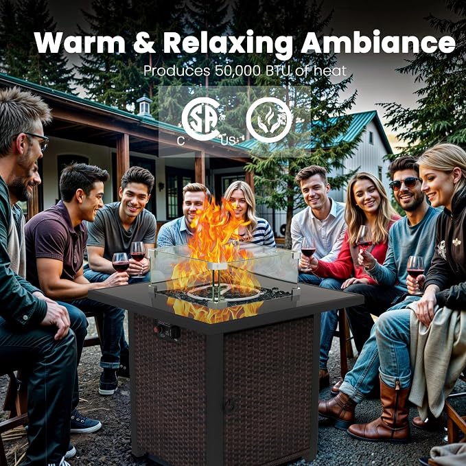 Propane Outdoor Fire Pit Table, Outdoor Gas FirePit W/Glass Wind Guard - Image 7