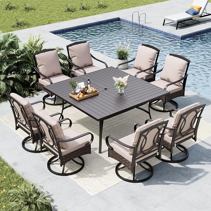 MFSTUDIO 9 Pieces Patio Dining Set, Cushioned Chairs and Metal Square Dining by MFSTUDIO