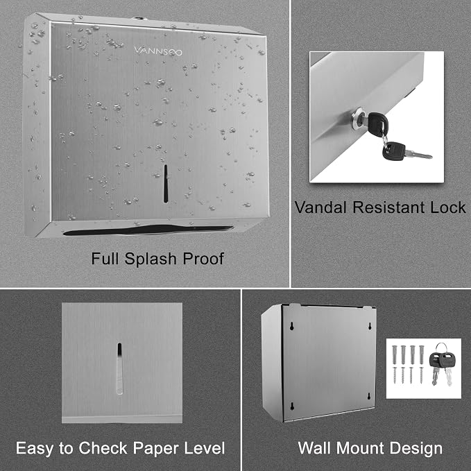 Commercial Paper Towel Dispenser Wall Mount Bathroom, 250 C Fold / 300 - Image 4
