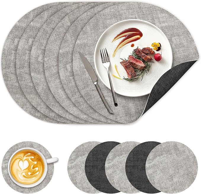 13" Round Placemats Set of 6, NCUE Dual-Sided Faux Leather Heat Resistant Table by NCUE