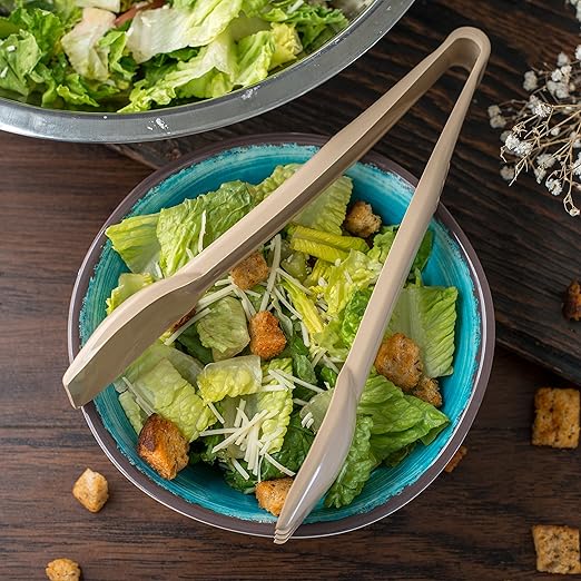Tongs, 9-Inch Beige Plastic Salad Tongs, Pack of 12