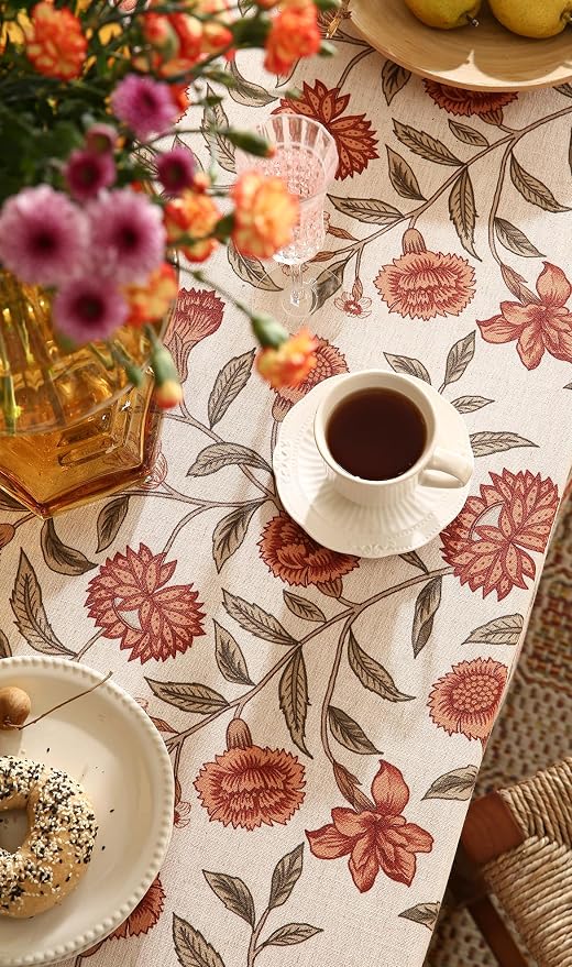 ISAENNE Designer French Long Tablecloth Rectangle, Linen Orange Floral Pattern - Image 4