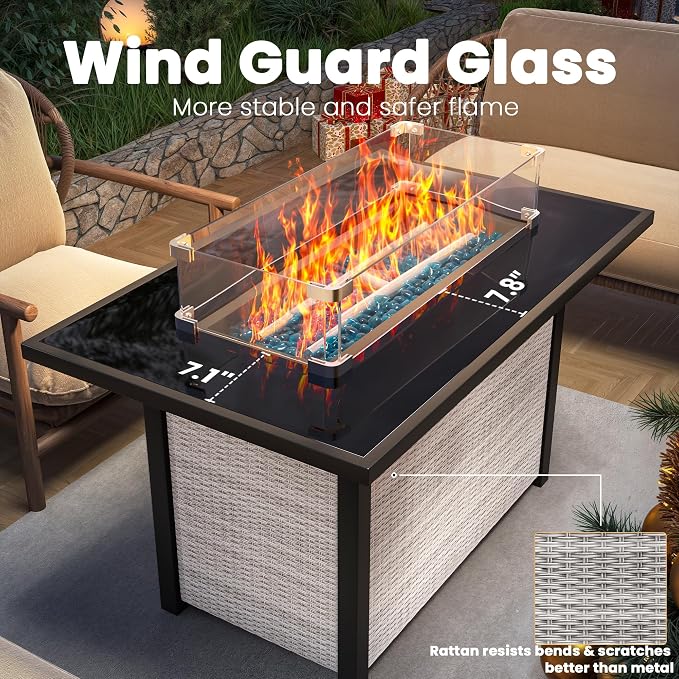 Propane Outdoor Fire Pit Table, Outdoor Gas FirePit W/Glass Wind Guard - Image 3